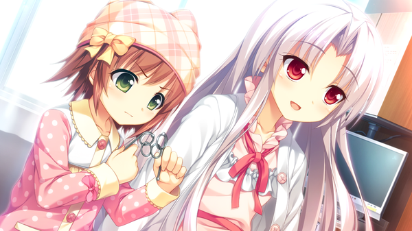 Anime picture 1280x720 with dekinai watashi ga, kurikaesu. akabei soft3 furukawa ren akizora momiji long hair blush short hair open mouth red eyes brown hair wide image multiple girls green eyes game cg white hair girl dress bow 2 girls cap