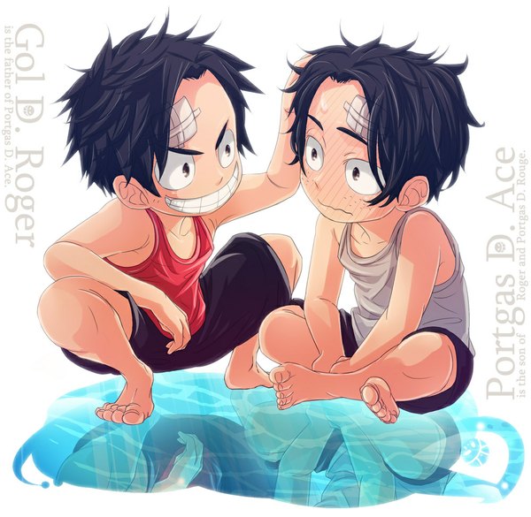 Anime picture 1000x976 with one piece toei animation portgas d. ace gol d roger nyuu men blush short hair black hair simple background smile white background sitting bare shoulders inscription multiple boys grin reflection squat alternate age indian style