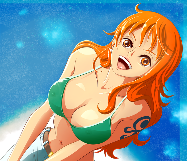 Anime picture 3000x2598 with one piece toei animation nami (one piece) ddsign single long hair highres open mouth light erotic smile nipples orange hair orange eyes tattoo coloring girl navel earrings bikini top jeans