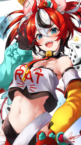 Anime picture 2302x4093 with virtual youtuber hololive hololive english hakos baelz mr. squeaks (hakos baelz) rei (9086) single tall image blush fringe highres short hair open mouth blue eyes hair between eyes twintails animal ears red hair tail :d