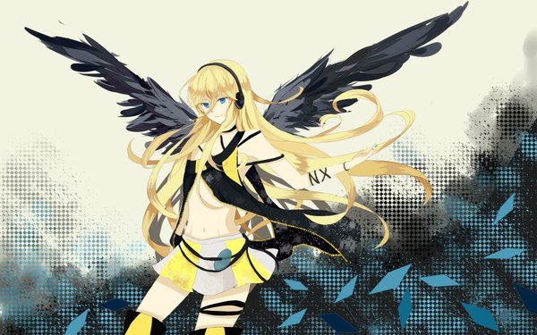 Anime picture 4000x2500 with vocaloid lily (vocaloid) single long hair highres blue eyes blonde hair wide image absurdres midriff girl skirt navel miniskirt wings headphones