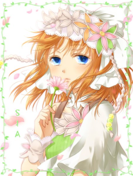 Anime picture 1378x1820 with rune factory sia (rune factory) okitsune (okitsune-sama) single tall image short hair blue eyes orange hair face girl flower (flowers) petals wreath