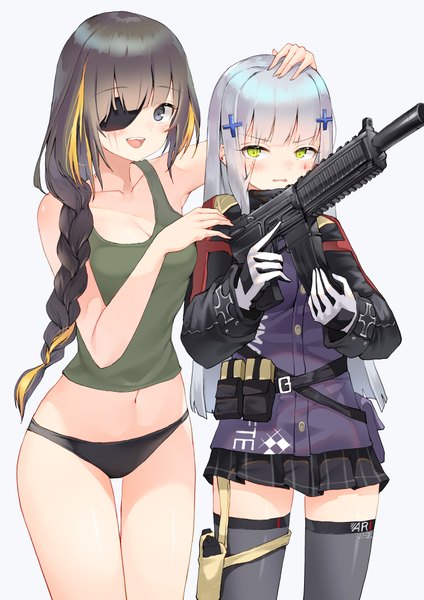 Anime-Bild 1414x2000 mit girls frontline hk416 (girls frontline) m16a1 (girls frontline) lee seok ho long hair tall image blush fringe breasts open mouth light erotic black hair simple background smile large breasts multiple girls green eyes payot looking away cleavage