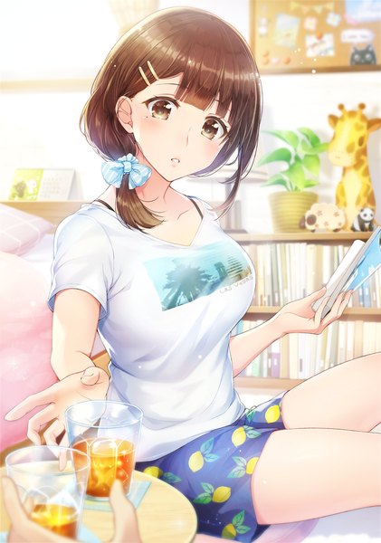 Anime picture 1000x1426 with original mono lith long hair tall image looking at viewer blush fringe breasts brown hair large breasts sitting holding brown eyes indoors parted lips blurry mole short sleeves depth of field mole under eye