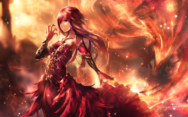 Anime picture 1680x1050 with original c.c.r single long hair fringe breasts red eyes standing looking away red hair lips serious girl gloves animal elbow gloves bird (birds) flame phoenix