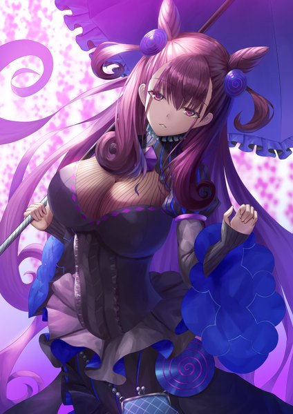 Anime picture 2480x3508 with fate (series) fate/grand order murasaki shikibu (fate) fujifuji924 single long hair tall image looking at viewer fringe highres breasts light erotic hair between eyes large breasts standing purple eyes holding purple hair long sleeves parted lips