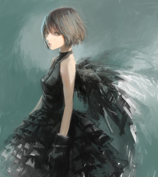 Anime picture 1156x1300 with original tsubu mikan single tall image looking at viewer fringe short hair simple background brown hair standing bare shoulders brown eyes blue background black wings girl dress gloves wings black gloves black dress