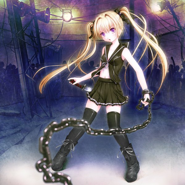 Anime picture 1000x1000 with original aruciii single long hair blonde hair purple eyes twintails girl thighhighs skirt navel ribbon (ribbons) weapon black thighhighs hair ribbon miniskirt boots chain knife