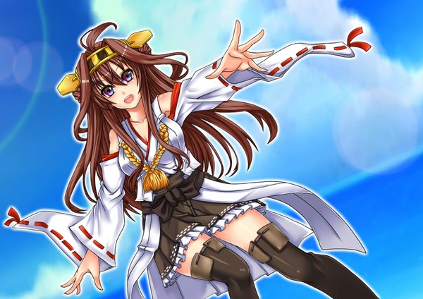 Anime picture 3507x2480 with kantai collection kongou battleship cuizilan single long hair looking at viewer blush highres open mouth brown hair purple eyes absurdres traditional clothes japanese clothes nontraditional miko girl thighhighs black thighhighs detached sleeves
