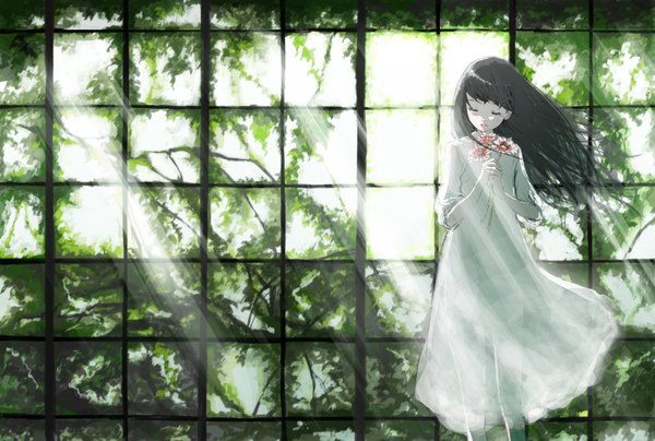 Anime picture 2200x1484 with original lyricism3710 (artist) single long hair highres black hair eyes closed wind sunlight girl dress flower (flowers)