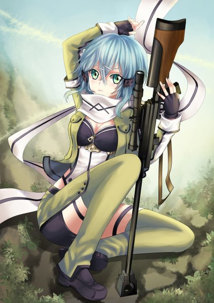 Anime picture 1800x2546 with sword art online a-1 pictures asada shino yoneyu single tall image looking at viewer highres short hair blue eyes sitting blue hair girl gloves weapon jacket shorts boots scarf fingerless gloves