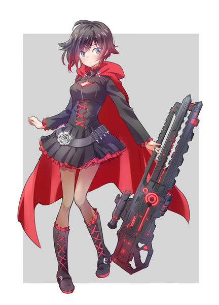 Anime-Bild 1296x1800 mit rwby virtual youtuber hololive rooster teeth ruby rose iesupa single tall image looking at viewer short hair breasts black hair simple background full body red hair long sleeves multicolored hair grey background grey eyes border