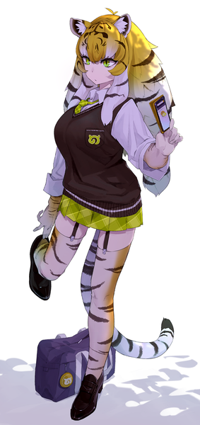 Anime picture 802x1699 with kemono friends siberian tiger (kemono friends) kamameshi gougoumaru single long hair tall image fringe simple background blonde hair hair between eyes standing white background holding green eyes animal ears looking away full body tail animal tail pleated skirt