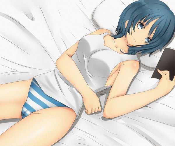 Anime picture 1145x953 with original chiyo goya single short hair breasts blue eyes light erotic bare shoulders blue hair lying legs girl underwear panties pillow book (books) striped panties