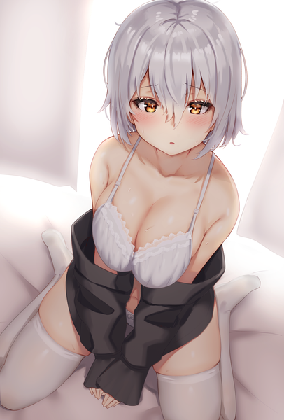 Anime picture 1016x1500 with original reinama single tall image looking at viewer blush fringe short hair breasts open mouth light erotic hair between eyes large breasts sitting bare shoulders yellow eyes cleavage silver hair full body indoors
