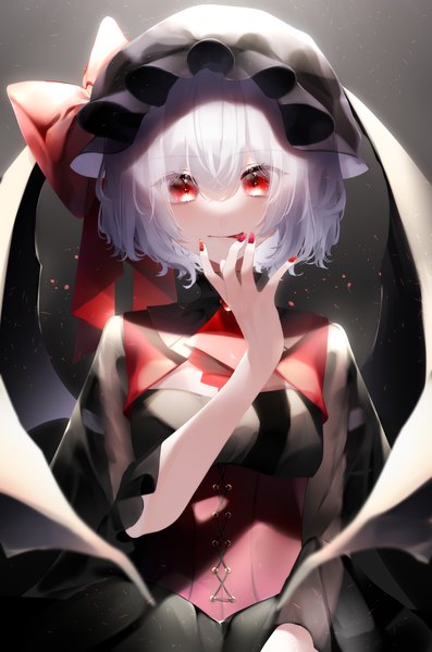 Anime picture 2015x3044 with touhou remilia scarlet yukia (yukia 777) single tall image looking at viewer fringe highres short hair simple background hair between eyes red eyes silver hair upper body nail polish arm up gradient background bat wings licking finger licking