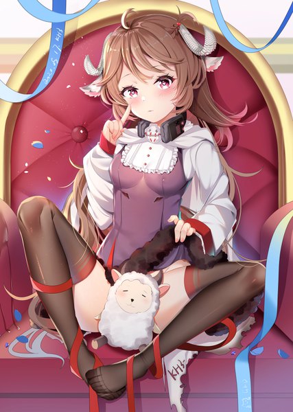 Anime picture 2200x3092 with arknights eyjafjalla (arknights) miaogujun single long hair tall image looking at viewer blush fringe highres light erotic brown hair sitting holding signed animal ears full body ahoge bent knee (knees) braid (braids)