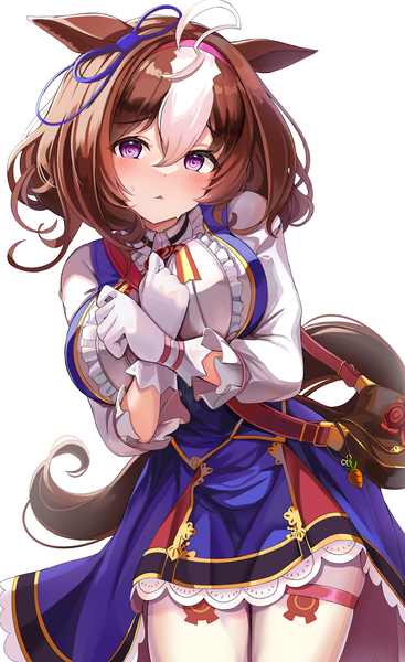 Anime picture 2831x4633 with umamusume meisho doto (umamusume) j young single tall image blush highres short hair breasts simple background brown hair large breasts white background purple eyes animal ears ahoge tail animal tail multicolored hair two-tone hair