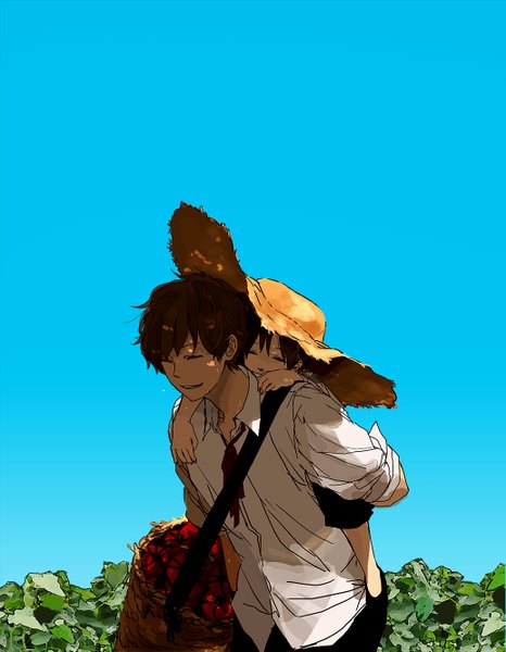 Anime picture 1033x1329 with axis powers hetalia studio deen spain (hetalia) south italy (hetalia) koujisako tall image short hair smile brown hair eyes closed blue background twisty sleeves boy hat child (children) straw hat tomato