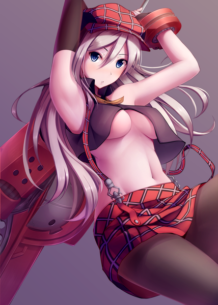 Anime picture 1288x1805 with god eater burst alisa ilinichina amiella nicoby single long hair tall image looking at viewer blush breasts blue eyes light erotic white hair girl skirt navel weapon miniskirt pantyhose sword