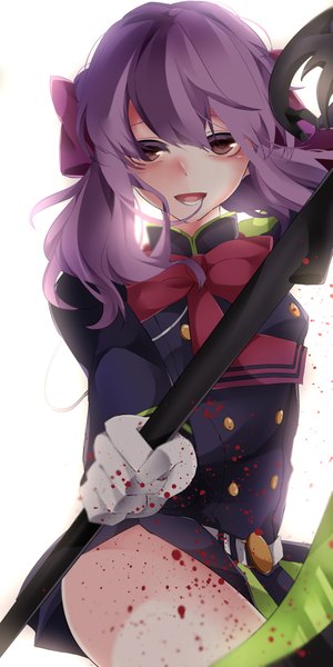 Anime-Bild 2000x4000 mit owari no seraph wit studio hiiragi shinoa reo (omori no hito) single long hair tall image looking at viewer blush fringe highres open mouth light erotic simple background smile standing white background holding brown eyes purple hair