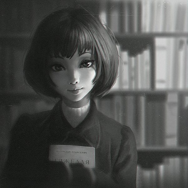 Anime picture 900x900 with original ilya kuvshinov single looking at viewer fringe short hair holding light smile monochrome russian girl book (books) shelf bookshelf