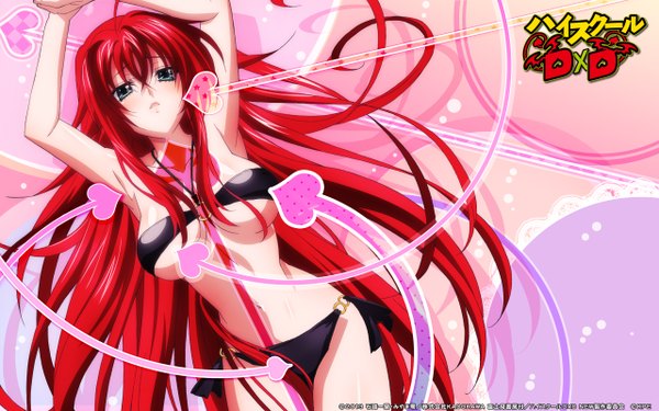 Anime picture 2560x1600 with highschool dxd rias gremory single blush highres breasts open mouth light erotic cleavage red hair very long hair girl swimsuit bikini heart black bikini