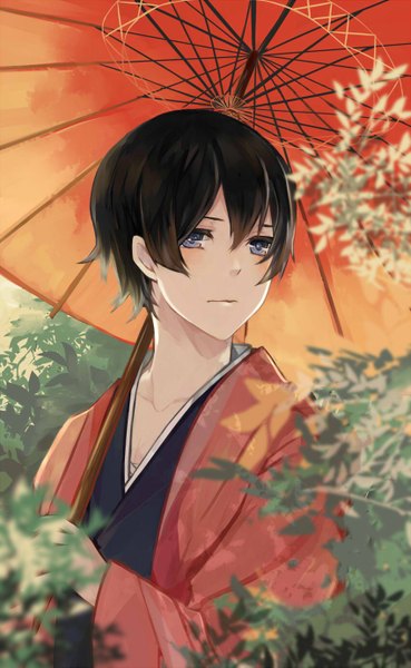 Anime picture 850x1381 with original asano (tomoli t) single tall image blush fringe short hair blue eyes black hair hair between eyes looking away upper body traditional clothes japanese clothes boy kimono leaf (leaves) umbrella oriental umbrella