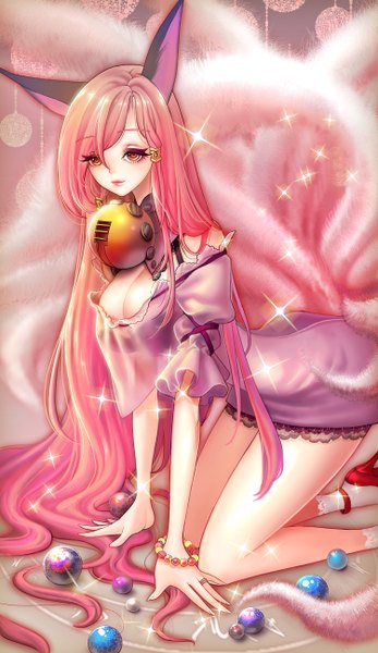Anime picture 1500x2588 with original dadachyo single tall image highres breasts light erotic large breasts animal ears pink hair cleavage tail very long hair pink eyes on all fours multiple tails girl dress socks shoes