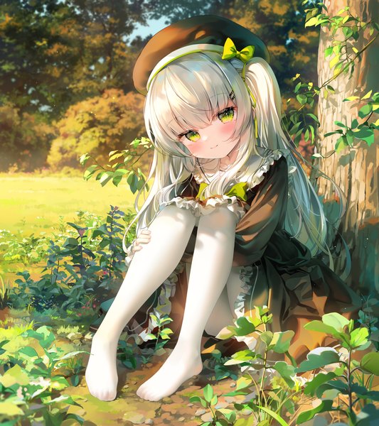 Anime picture 2835x3189 with original chen bin single long hair tall image looking at viewer blush fringe highres light erotic smile hair between eyes sitting green eyes payot silver hair full body bent knee (knees) outdoors long sleeves