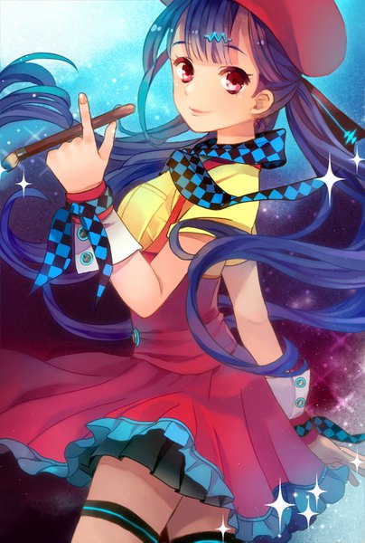 Anime picture 1038x1539 with vocaloid xin hua q-chiang single long hair tall image looking at viewer fringe smile red eyes twintails blue hair fingernails sparkle checkered girl skirt hairclip wrist cuffs beret