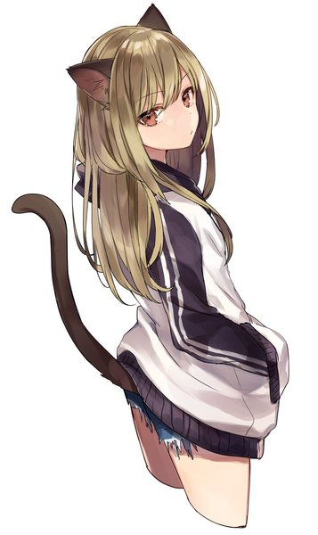 Anime picture 700x1174 with original shugao single long hair tall image looking at viewer fringe simple background hair between eyes brown hair white background brown eyes animal ears tail animal tail looking back cat ears cat girl cat tail turning head