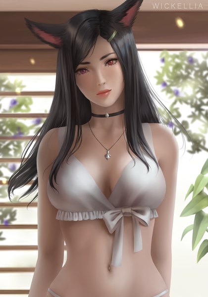 Anime picture 3500x5000 with final fantasy final fantasy xiv square enix wickellia single long hair tall image looking at viewer fringe highres breasts light erotic black hair red eyes signed animal ears absurdres head tilt lips realistic