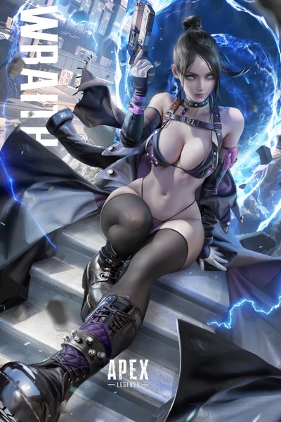 Anime picture 2333x3500 with apex legends wraith (apex legends) sakimichan single long hair tall image looking at viewer highres breasts light erotic black hair large breasts sitting holding payot cleavage full body bent knee (knees) outdoors ponytail