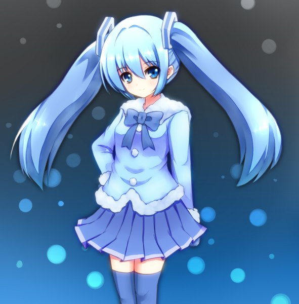 Anime picture 1181x1200 with vocaloid hatsune miku yuki miku yuki miku (2012) tezi (artist) single long hair tall image looking at viewer blush blue eyes standing twintails blue hair girl thighhighs skirt hair ornament miniskirt