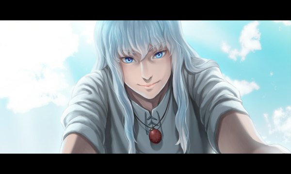 Anime picture 2000x1200 with berserk griffith nicola single long hair looking at viewer fringe highres blue eyes smile hair between eyes wide image payot sky cloud (clouds) upper body outdoors white hair from below letterboxed