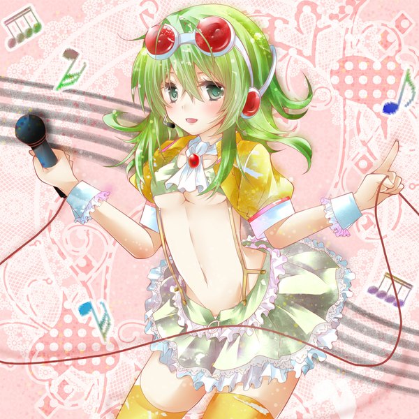 Anime picture 1000x1000 with vocaloid gumi chiyuki (artist) single long hair looking at viewer blush open mouth light erotic smile green eyes green hair zettai ryouiki abstract girl thighhighs skirt navel glasses microphone