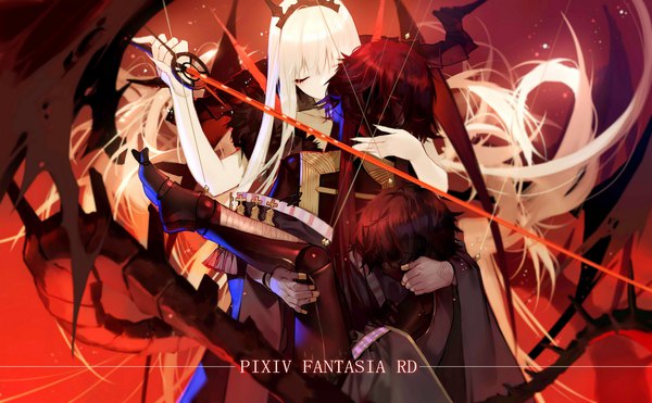 Anime picture 1920x1190 with original pixiv fantasia pixiv fantasia revenge of the darkness joseph lee long hair fringe highres brown hair wide image holding white hair red hair eyes closed very long hair copyright name floating hair dark background red background black wings carrying