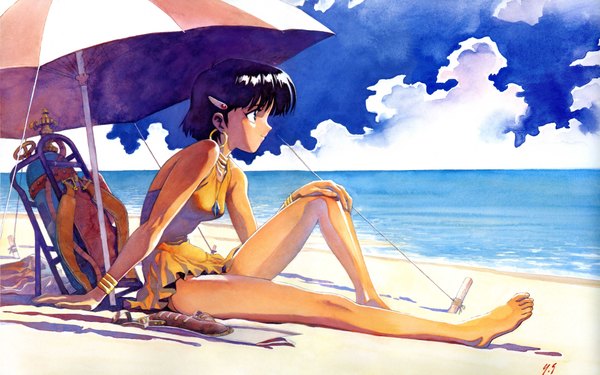 Anime picture 4378x2743 with fushigi no umi no nadia nadia sadamoto yoshiyuki highres wide image absurdres sky cloud (clouds) scan beach earrings choker bracelet sea umbrella jewelry beach umbrella