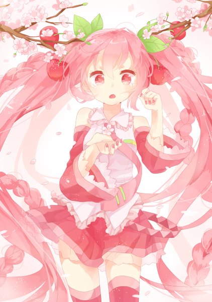 Anime picture 1840x2615 with vocaloid hatsune miku sakura miku jimmy madomagi single tall image highres open mouth white background twintails pink hair very long hair pink eyes cherry blossoms girl thighhighs skirt flower (flowers) plant (plants) detached sleeves