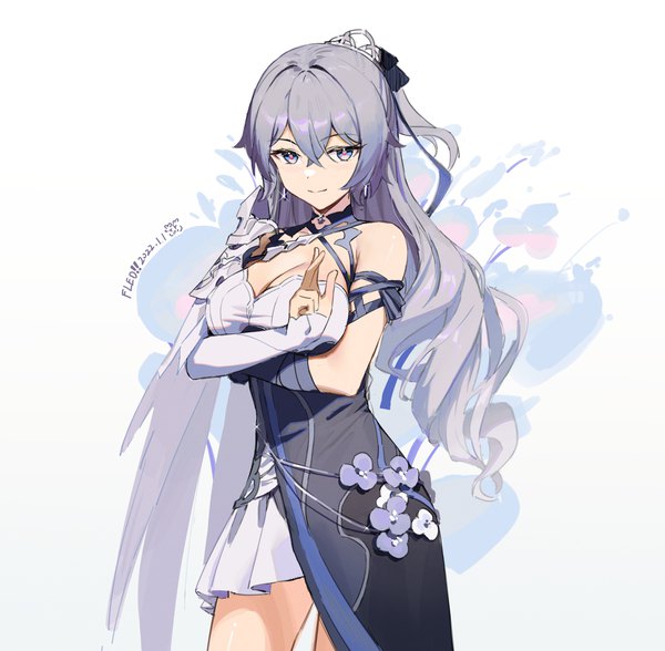 Anime picture 2851x2796 with honkai impact 3rd honkai (series) bronya zaychik bronya zaychik (silverwing: n-ex) fled single long hair looking at viewer fringe highres breasts smile hair between eyes large breasts white background signed cleavage silver hair ponytail dated