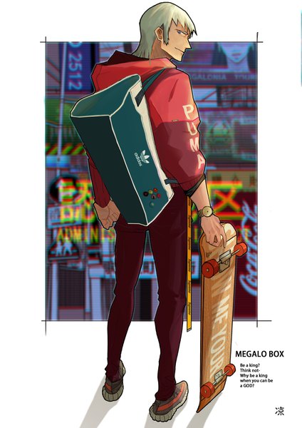 Anime picture 2480x3508 with megalo box adidas yuuri (megalo box) jiu liang single tall image highres short hair standing silver hair profile looking back from behind copyright name text border english outside border boy shoes