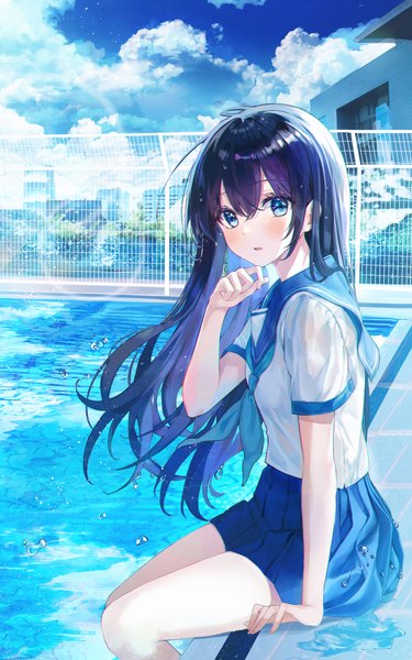 Anime picture 3233x5170 with original eumi 114 single long hair tall image looking at viewer blush fringe highres open mouth blue eyes black hair hair between eyes sitting absurdres sky cloud (clouds) outdoors arm support short sleeves
