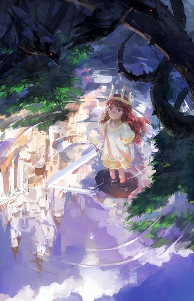 Anime picture 1000x1548 with child of light aurora (child of light) blueman tall image blush holding brown eyes reflection wavy hair freckles girl gloves weapon plant (plants) animal sword tree (trees) water elbow gloves white gloves