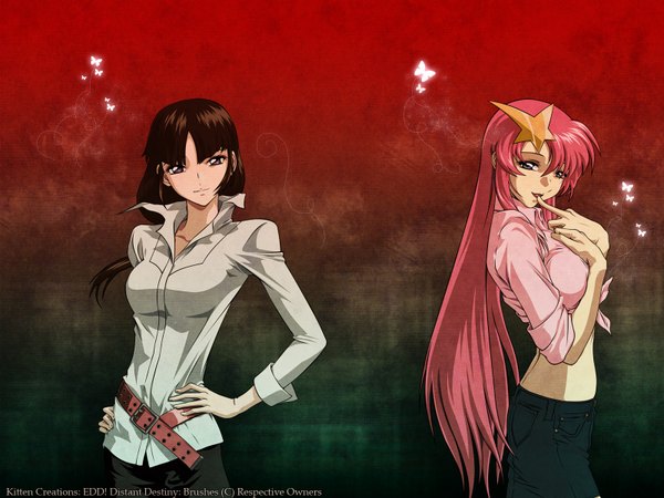 Anime picture 1600x1200 with mobile suit gundam gundam seed destiny sunrise (studio) meer campbell long hair looking at viewer fringe blue eyes brown hair standing multiple girls brown eyes pink hair light smile midriff grey eyes dark background open collar hands on hips girl