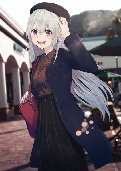 Anime picture 1748x2480 with virtual youtuber nijisanji higuchi kaede misaki nonaka single long hair tall image looking at viewer blush fringe highres open mouth smile hair between eyes standing purple eyes silver hair outdoors :d arm up