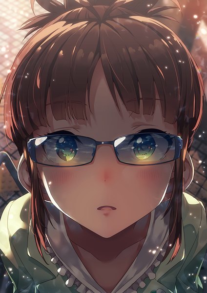 Anime picture 849x1200 with idolmaster akizuki ritsuko narumi arata single tall image looking at viewer blush fringe short hair open mouth brown hair green eyes payot upper body ahoge outdoors blunt bangs from above sunlight reflection