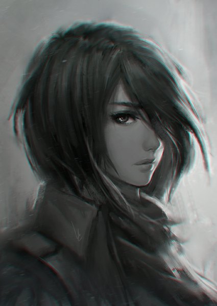 Anime picture 708x1000 with shingeki no kyojin production i.g mikasa ackerman chaosringen single tall image looking at viewer fringe short hair signed parted lips wind lips hair over one eye realistic monochrome portrait open collar revision serious