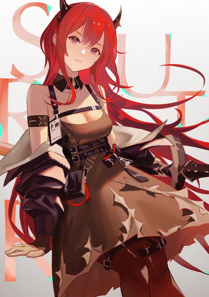 Anime picture 2895x4095 with arknights surtr (arknights) jun (inrshun) single tall image looking at viewer fringe highres breasts hair between eyes purple eyes cleavage red hair very long hair head tilt horn (horns) character names girl dress black dress