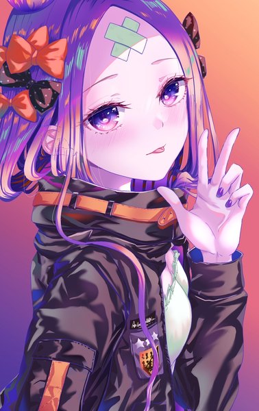 Anime picture 1016x1612 with fate (series) fate/grand order abigail williams (fate) kinom (sculpturesky) single long hair tall image looking at viewer simple background purple eyes purple hair upper body nail polish open jacket gradient background victory bandaid on face purple nail polish heroic spirit traveling outfit girl